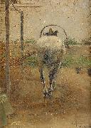 Nils Kreuger Labor  horse pulling a threshing machine oil painting artist